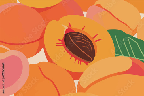 Fresh peaches sit on a surface with several peach halves showing their inner parts and pits in bright colors