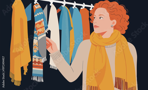 Woman browsing colorful scarves and garments in a shop during the afternoon, looking for a new addition to her wardrobe