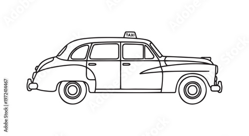 Line art drawing of a vintage taxi cab side view with automotive industry