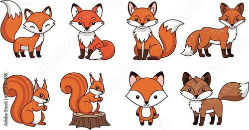Cute fox and squirrel cartoon character set featuring playful woodland animals in different poses with adorable expressions for children’s vector illustration design