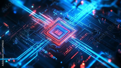 Abstract digital circuit board design with blue and red neon lighting