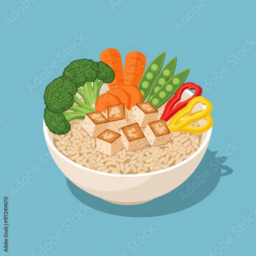 A bowl of rice with tofu and vegetables.