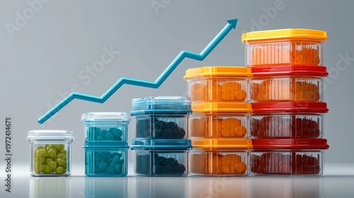 Transparent plastic cups and food containers with rising graph arrow. Concept of increasing packaging costs, food prices, and inflation in daily consumption.