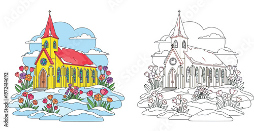 Yellow Church with Red Roof in Snow and Spring Flowers, Coloring Book Page and Colored Example Illustration Vector for Kids Activity, Religious Building Architecture Seasonal Landscape