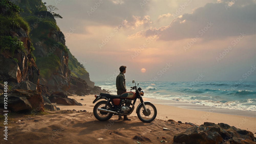 Fototapeta premium Man with Classic Motorcycle on Beach at Sunset Overlooking Ocean Waves