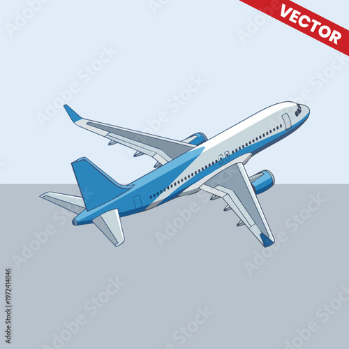 High Angle View of Modern Passenger Jet Airplane Vector. Commercial Aircraft Illustration for Travel Apps, Aviation Blogs, and Transportation Marketing. Professional Isometric Style Graphic.