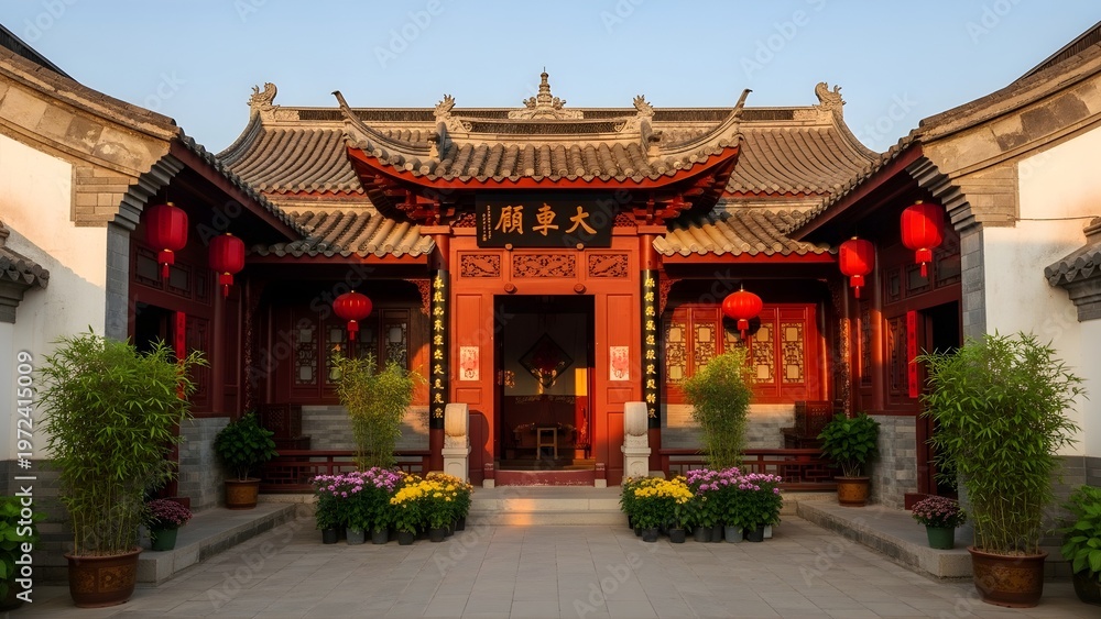 Fototapeta premium Traditional Chinese temple entrance in Beijing showcasing ancient oriental architecture and a red pagoda roof under a clear Asian sky