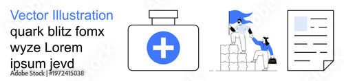 Healthcare access, teamwork, medical services, business collaboration, documentation, professional solutions. A medical kit, people climbing stairs and a document. Healthcare and teamwork concepts