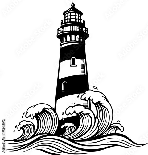 lighthouse and sea beacon sketch, nautical marine tower vector illustration