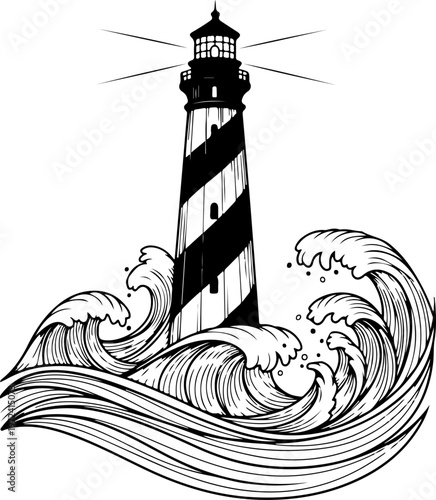 lighthouse and sea beacon sketch, nautical marine tower vector illustration