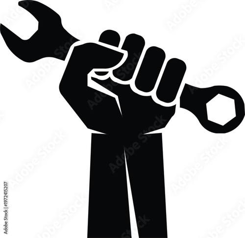 Labor Day Symbol of Strength and Hard Work with Hand Holding Wrench, Representing Maintenance, Repair, and Worker Power in Minimalist Design
