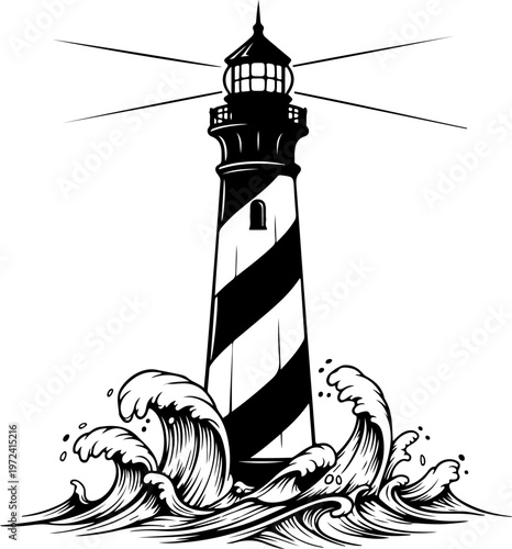 lighthouse and sea beacon sketch, nautical marine tower vector illustration