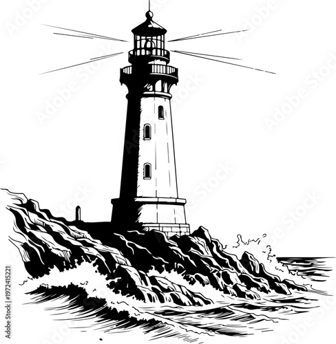 lighthouse and sea beacon sketch, nautical marine tower vector illustration