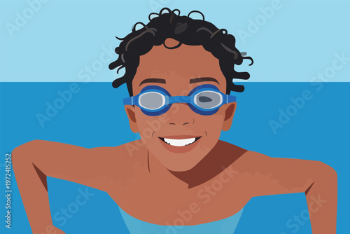 Child swims happily in clear water while wearing goggles and smiling at the camera during bright sunny day at the pool