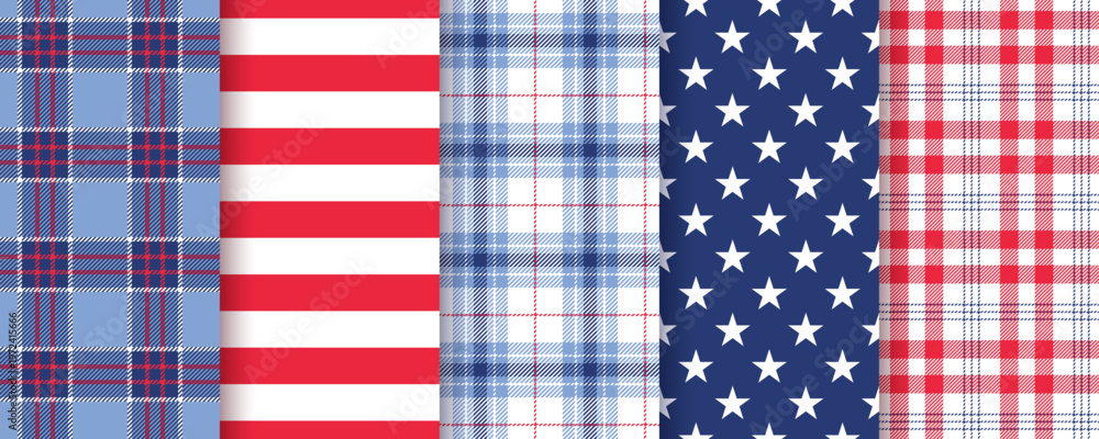 Fototapeta premium 4th July seamless backgrounds. American patriotic pattern. Blue red texture. Happy independence prints with stars, stripes, plaid. Set checkered backdrops. USA flag wrapping paper. Vector illustration