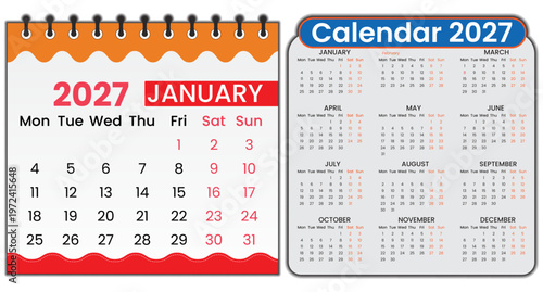 Two distinct calendar layouts for the year 2027 displayed side-by-side on a white background one featuring january with a decorative orange wavy border and the other a full year calendar with a