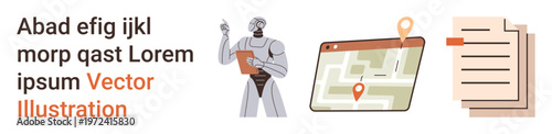 Automation, navigation systems, data processing, futuristic technology, information management, robotics. A robot, a location map with pins and documents. Automation and navigation systems concept
