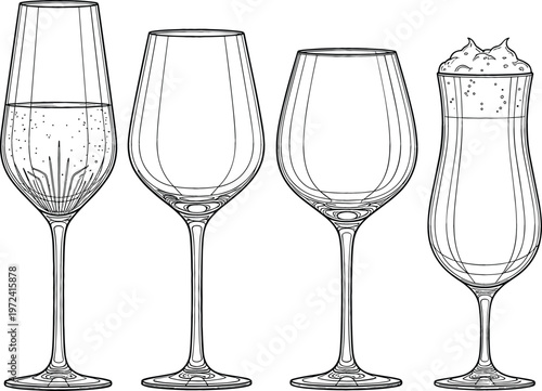 Elegant wine and cocktail glasses set in detailed line art style featuring champagne flute, red wine, and dessert drink glassware vector illustration