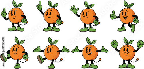 Cute orange fruit mascot character set featuring different poses, emotions, and gestures in playful cartoon style for branding and vector illustration design
