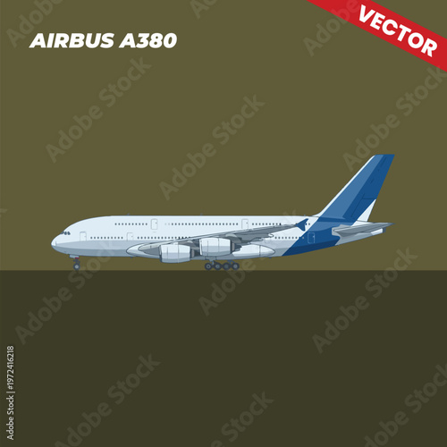 Airbus A380 Superjumbo Jet Side View Vector Illustration Isolated on Dark Background Commercial Aviation Wide Body Aircraft Passenger Plane Transport Aerospace Design Element Graphic Clip Art