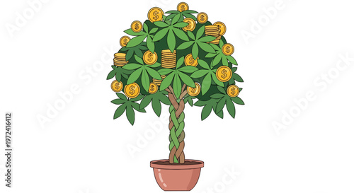 Money Tree with Gold Coins Growing in a Pot