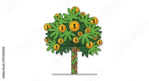 Money Tree Illustration with Gold Dollar Coins Growing on Green Leaves
