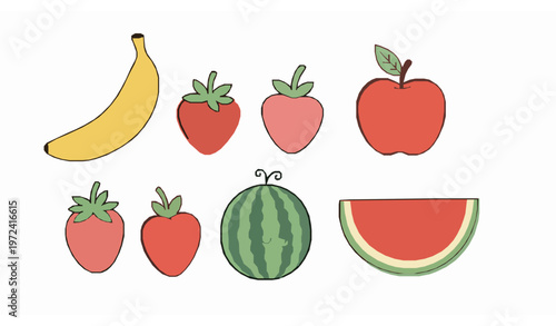 Cute doodle fruit vector set colorful handmade banana strawberry apple watermelon