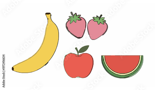 Cute colorful hand drawn fruit characters banana strawberry apple watermelon vector