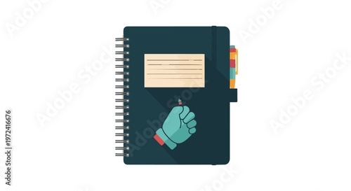 Flat Vector Illustration of a Notebook with a Fist Icon and Sticky Notes