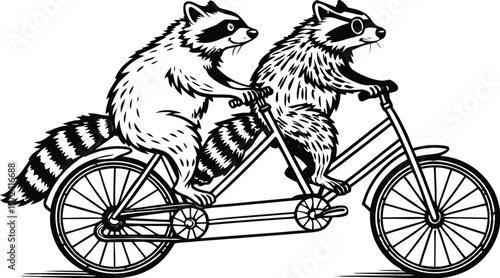 Raccoons riding tandem bicycle vintage engraving. A highly detailed black and white vintage vector illustration of two adorable raccoons riding a tandem bicycle together. Vector illustration