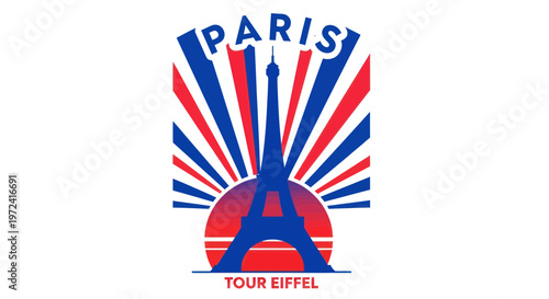Paris Eiffel Tower Graphic with French Flag Rays and Sun