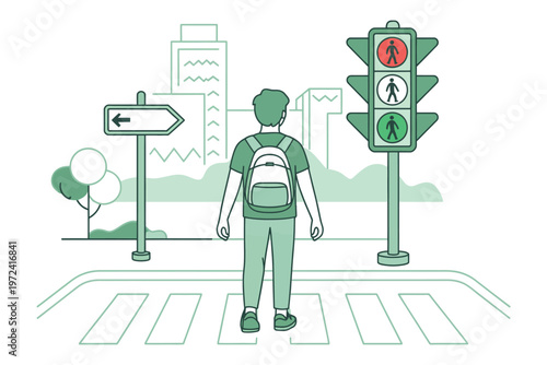 illustration of pedestrian with backpack waiting at crosswalk, red walk signal sign, city skyline with bench trees and street signs, urban traffic safety concept, modern vector illustration.