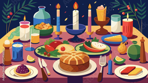 Delicious holiday dinner table, festive meal setting, traditional food plates, colorful candles