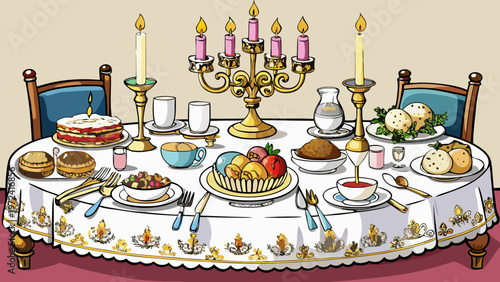 Elegant dinner table setting, holiday meal spread, festive tablecloth, gold cutlery