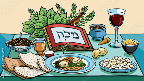Passover Seder table setting, Jewish holiday symbols, traditional food, charoset, matzah