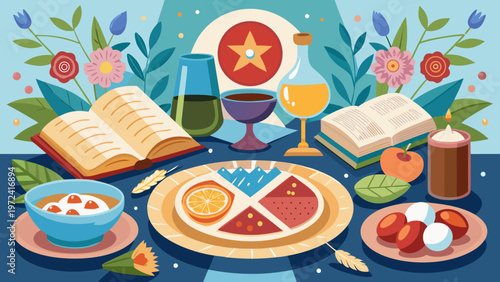 Easter, Passover, holiday table setting, traditional food, seder plate