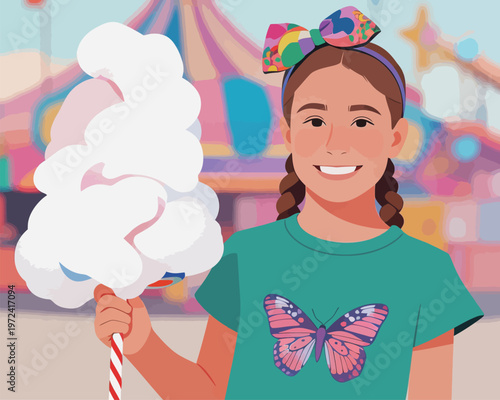 Girl holds cotton candy at a carnival with colorful tents in the background during the daytime in a fun atmosphere