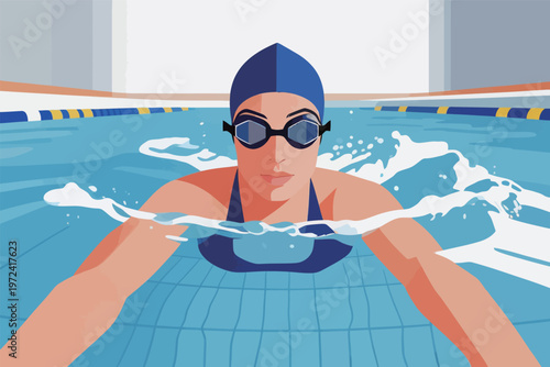 Swimmer practices stroke technique in indoor pool during afternoon training session