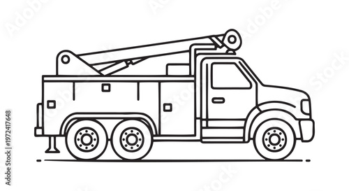 Line drawing of a tow truck with crane with heavy duty line art