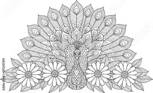 Elegant peacock with floral mandala composition in intricate line art style featuring ornamental feathers, symmetry, and decorative botanical elements for luxury design