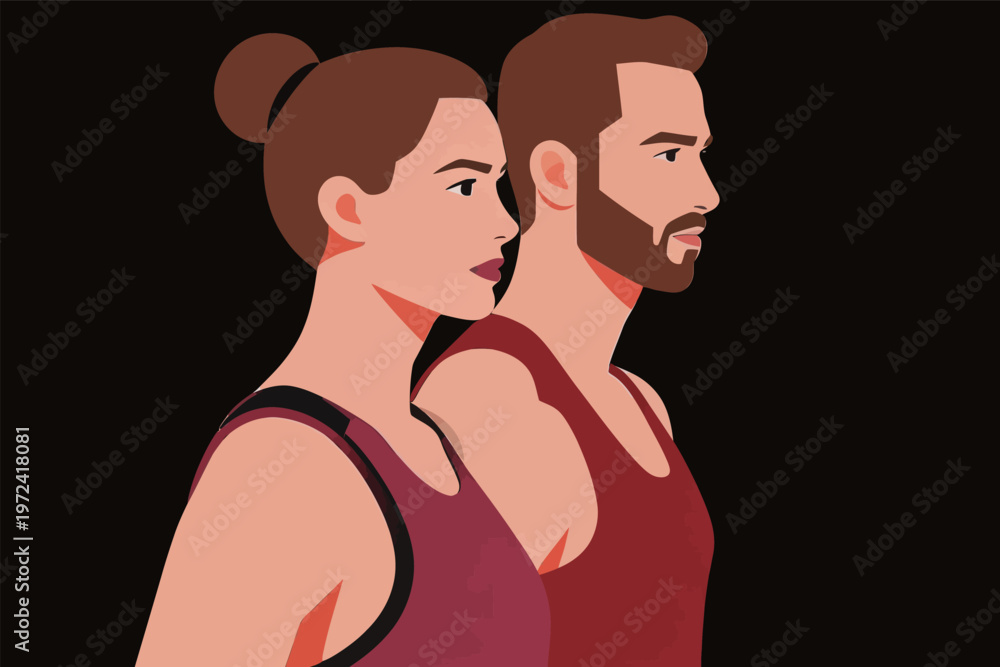 Obraz premium Couple standing side by side in workout gear, ready for a fitness challenge in a dark setting
