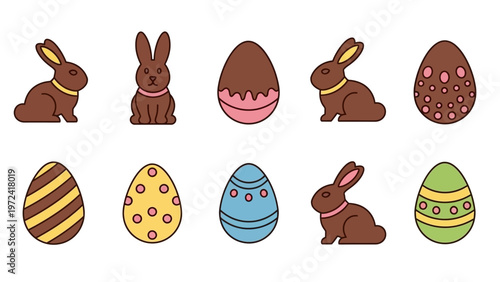 Colorful Easter Eggs and Chocolate Bunnies Illustration.