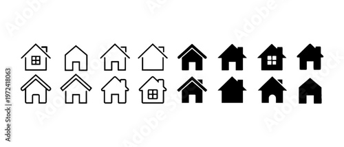 A versatile concept collection of minimalist house and home icons, featuring a variety of outlined and filled styles, perfect for real estate, web design, and digital interfaces