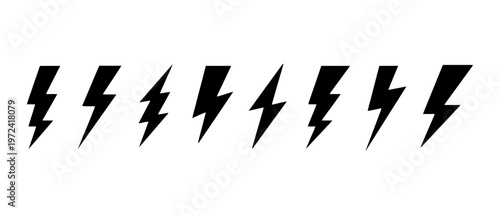 Dynamic collection of eight distinct black lightning bolt symbols, illustrating concepts of raw electrical power, energy, and swift action for diverse graphic design projects and digital interfaces