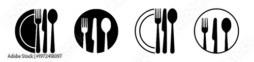 Set of four black and white icons representing a plate, fork, knife, and spoon, symbolizing dining and meal service, ideal for restaurant or food-related applications