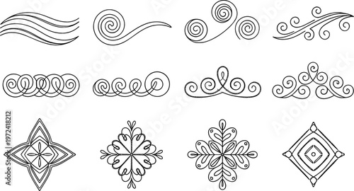Decorative Swirl and Geometric Ornament Collection Featuring Elegant Flourish Elements, Vintage Line Patterns, and Symmetrical Design Motifs in Black Vector Style
