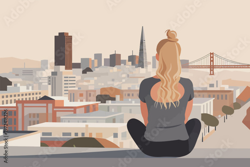 Woman sitting on a ledge overlooking the city of San Francisco during daytime with a view of the skyline and Golden Gate Bridge