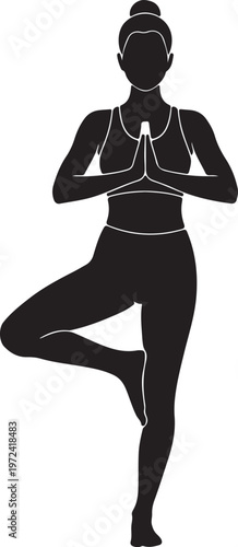 Woman performing tree pose in yoga attire with hands in prayer position silhouette vector icon