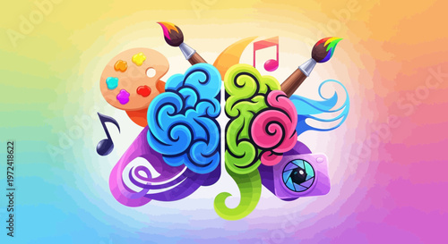 Artistic and analytical brains concept with paintbrushes and symbols