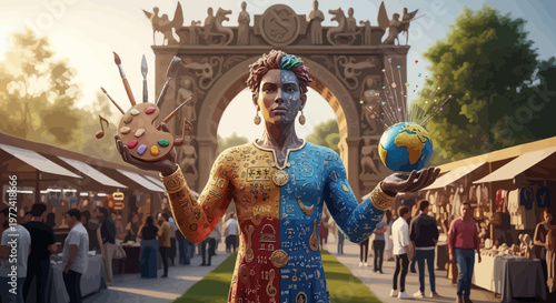 Artistic figure balancing palette and globe amidst marketplace scene